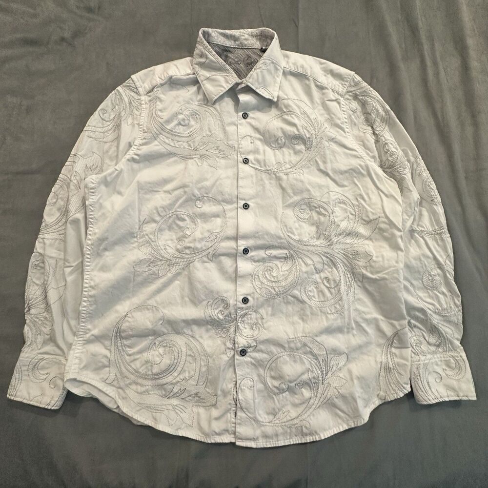 Robert Graham Shirt Mens Large Paisley Texture Embroidered Long Sleeve White AOP
